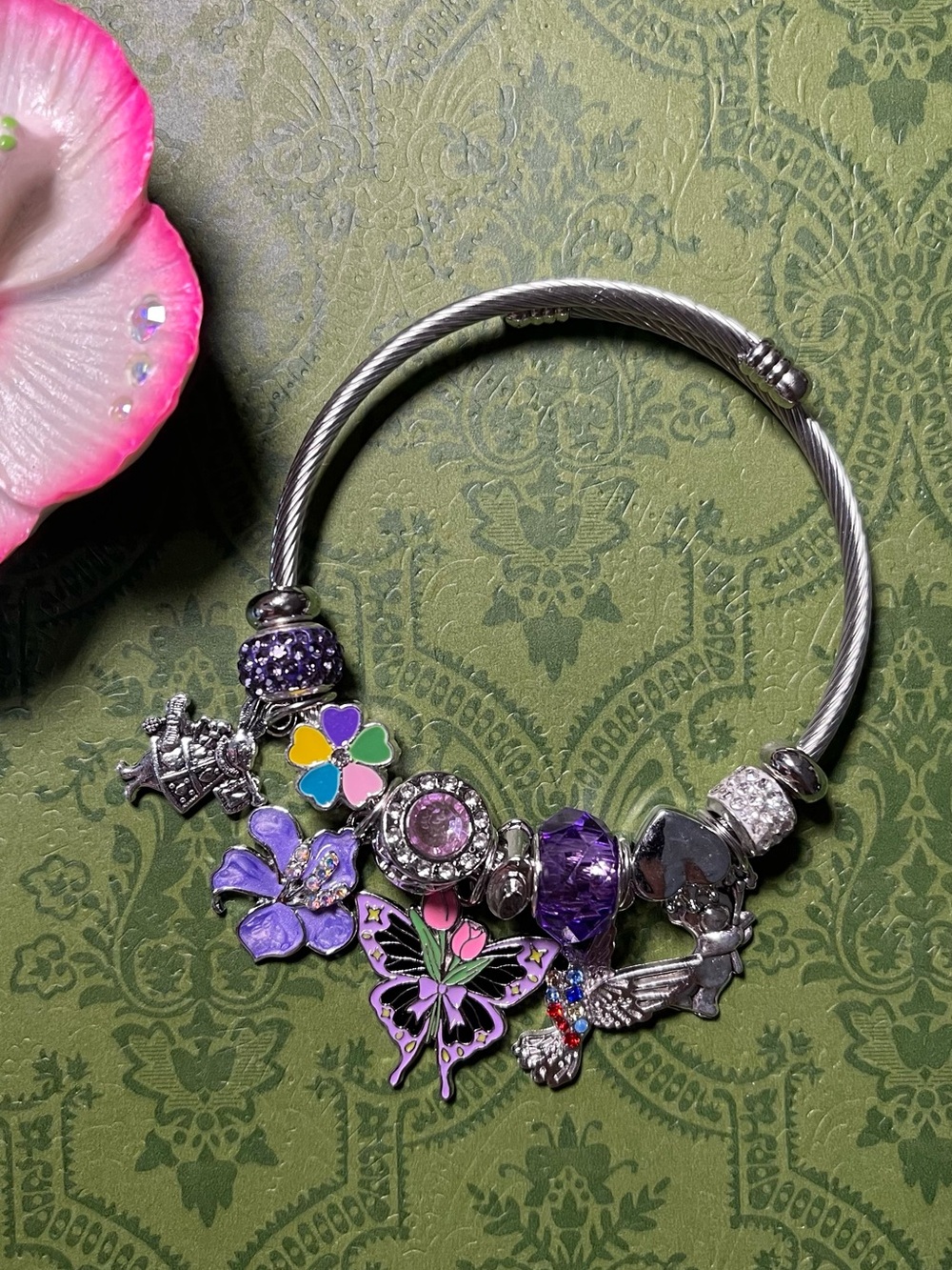 Purple Charm Bracelet with Butterfly and Flower Charms